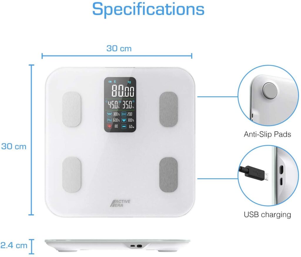 Active Era® Bluetooth Bathroom Scales - Smart Digital Body Weight Scales, 16 High Precision Measurements - Micro USB Charged - Free Smartphone App, Compatible with Fitbit  Apple Health (White)