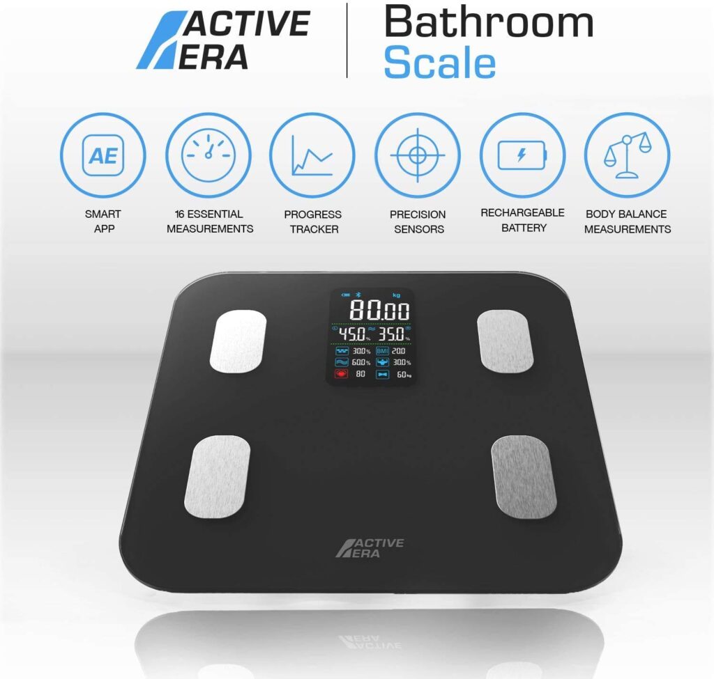 Active Era® Bluetooth Bathroom Scales - Smart Digital Body Weight Scales, 16 High Precision Measurements - Micro USB Charged - Free Smartphone App, Compatible with Fitbit  Apple Health (White)