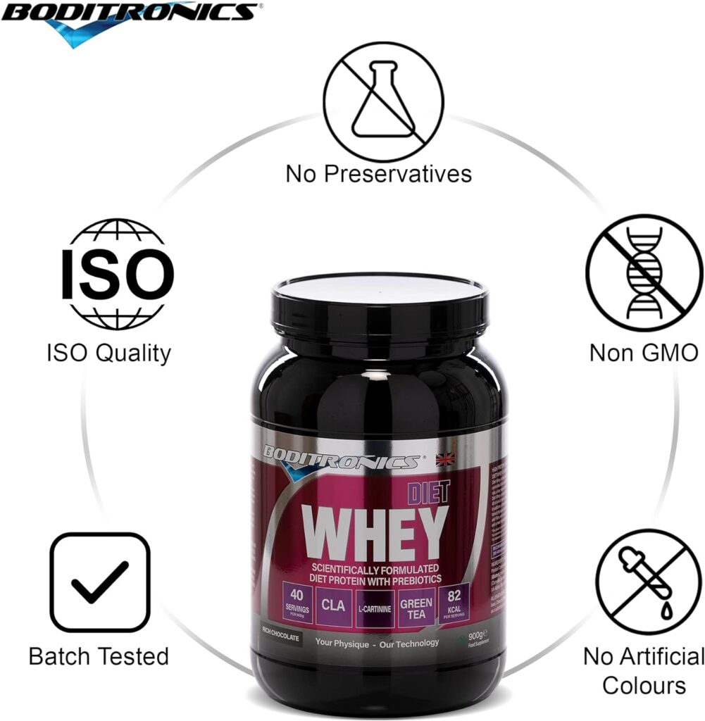 Boditronics Diet Whey Protein Powder with High Protein Blend and High doses of CLA, Vitamins C  E for Lean whey Protein Shake Powder (Strawberries and Cream, 1.8kg)