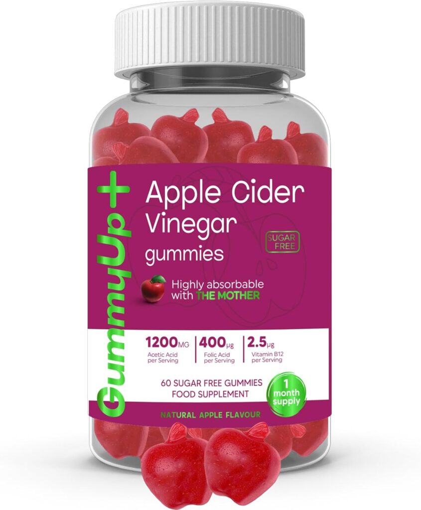 High Strength Sugar Free Apple Cider Vinegar Gummies with The Mother | 1200mg Acetic Acid | 400 μg Folic Acid | 2.5 μg Vitamin B12 | Natural Flavoured Gummies by Gummyup+
